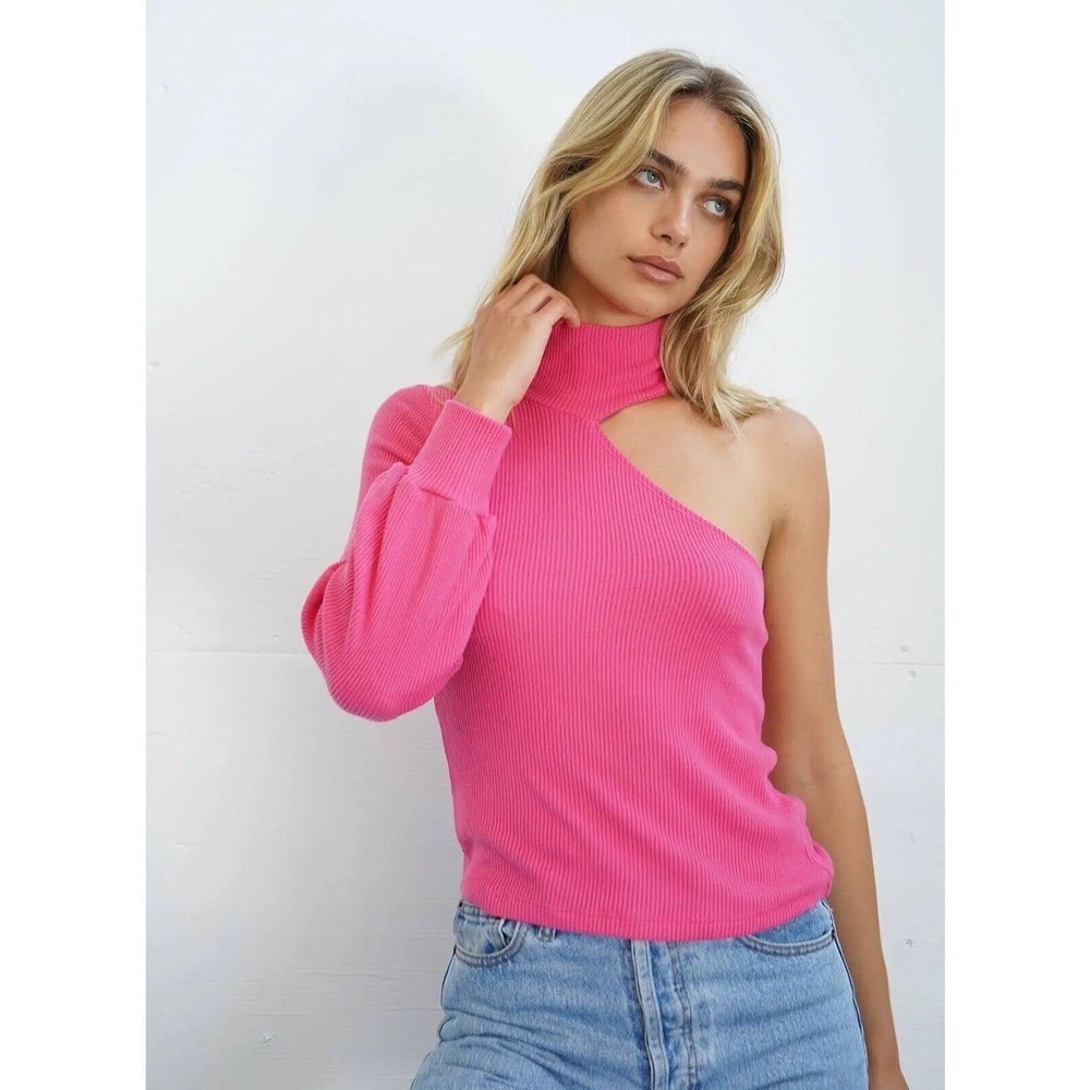 LNA MURPHY SWEATER ONE SHOULDER TURTLE KNECK LONG SLEEVES RIB TOP BARBIE PINK M